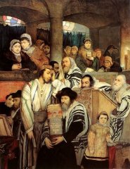 Židé modlící se v synagoze