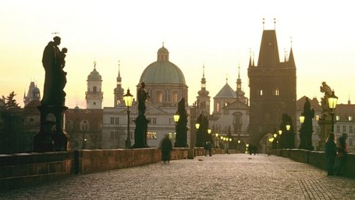 Bridge with buildings in city, Charles IV Bridge, Prague, Czech Republic